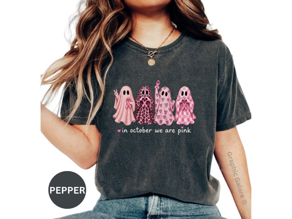 Breast Cancer Awareness Ghost T-Shirt, In October We Wear Pink Shirt, Cute Halloween Cancer Survivor Tee, Pink Ribbon Support Walk Gift